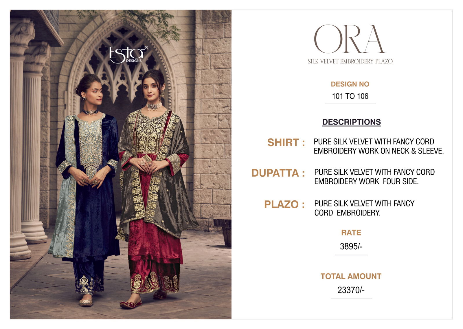 Ora By Esta Silk Velvet Designer Printed Salwar Suits Wholesale Price In Surat